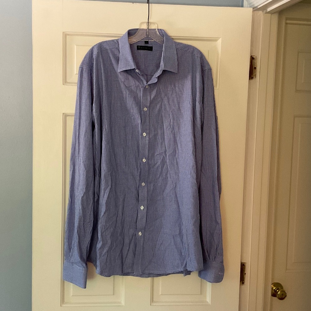 American Tall Mens Blue Check Button Down Shirt Large LT stretch office work